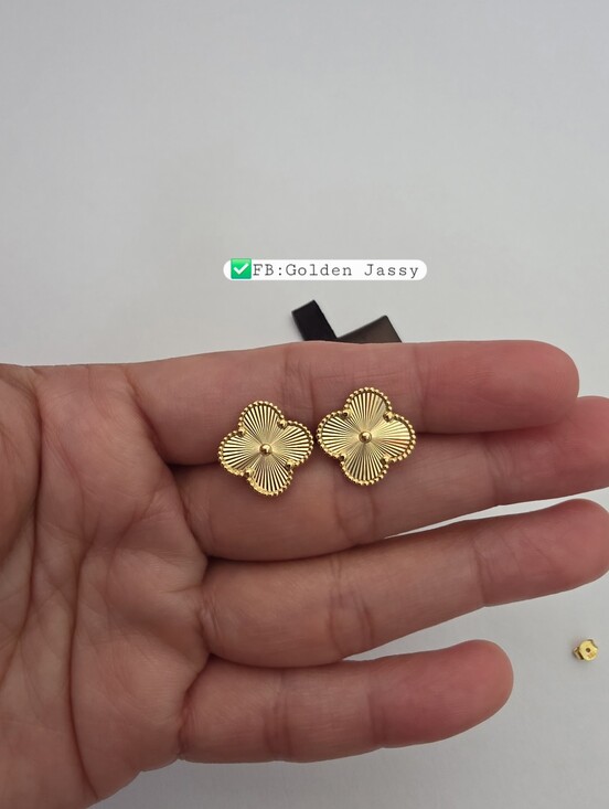 18K Dubai Gold Jewelry - 18K Real Gold Clover Stud 14mm